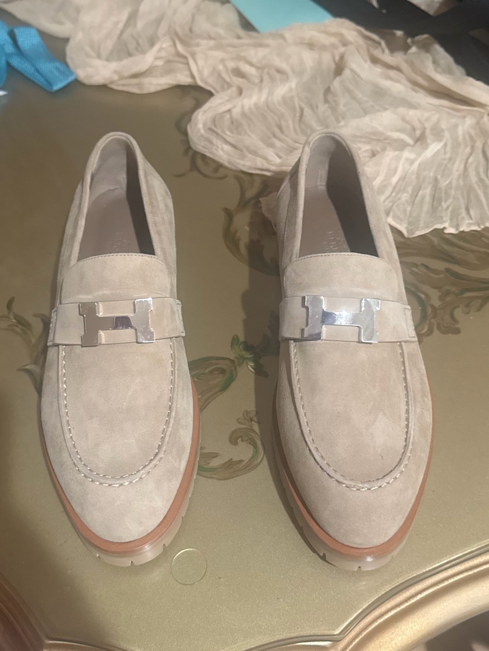 Women’s Suede Loafers in Beige with Silver Accent